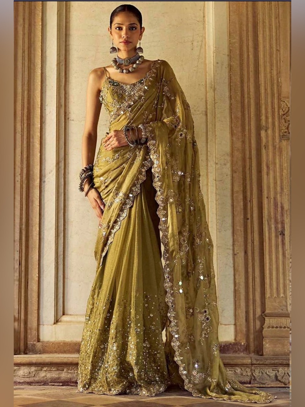 Moss Green Tissue Sari Lashkaraa - XS